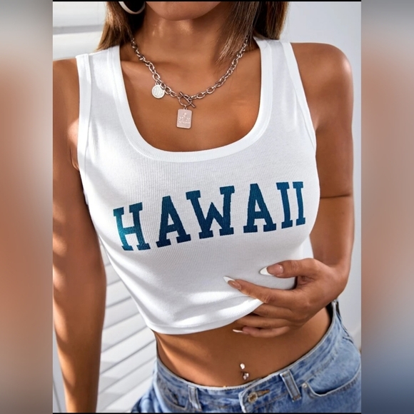 NWT SHEIN EZwear White Ribbed Hawaii Cropped Tank Top Size 4 - Picture 2 of 16